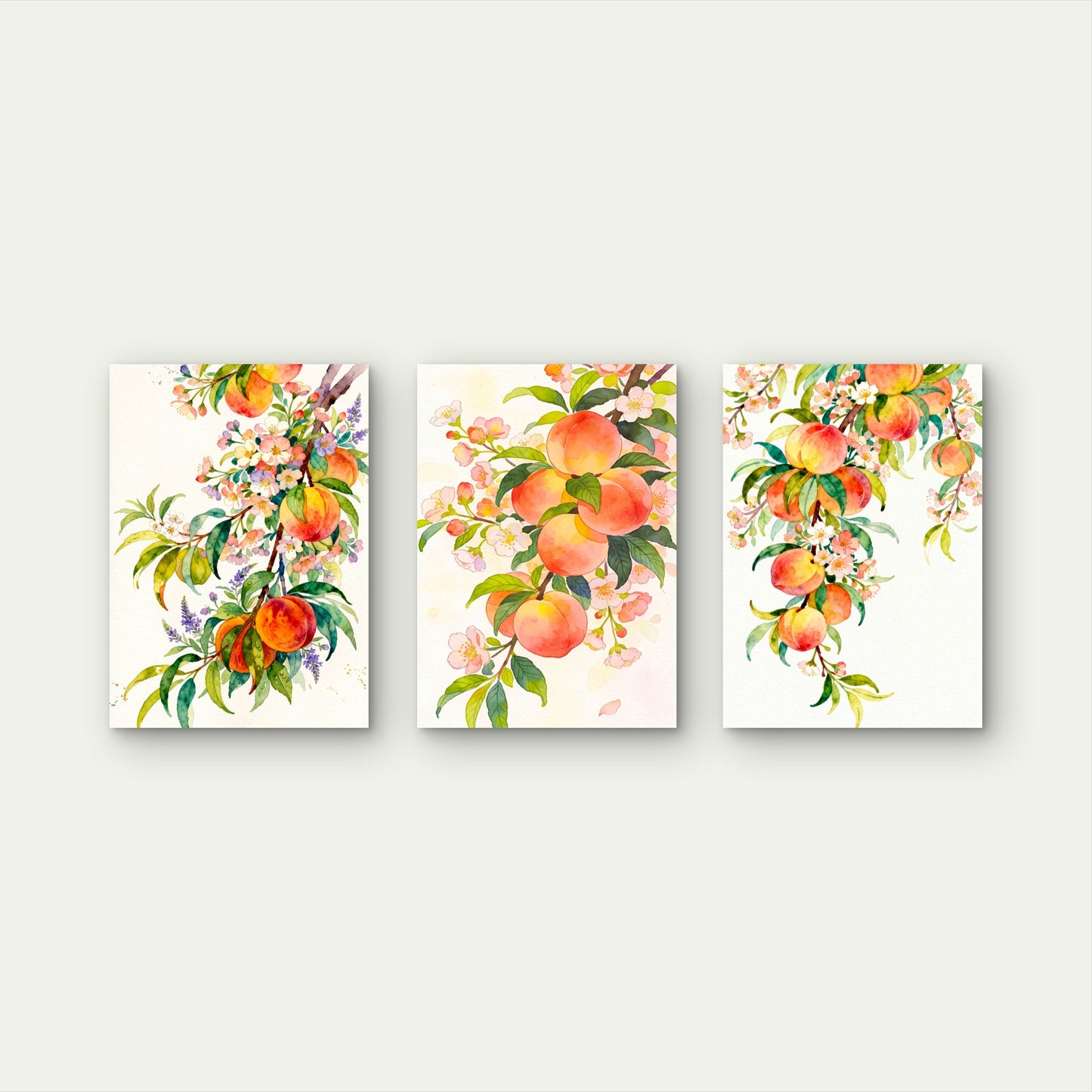 3pcs Watercolor Peach Fruit Branches Blossoms Wall Art Set Canvas Framed 60x90cm- High Quality Print 100% Australian Made Wall Canvas Ready to Hang