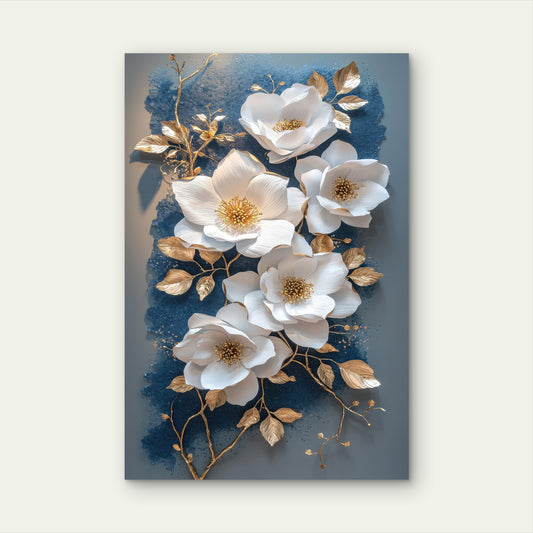 White Magnolia Blue Gold Floral Blossom Decor 40x60cm Metal Print Ready to Hang