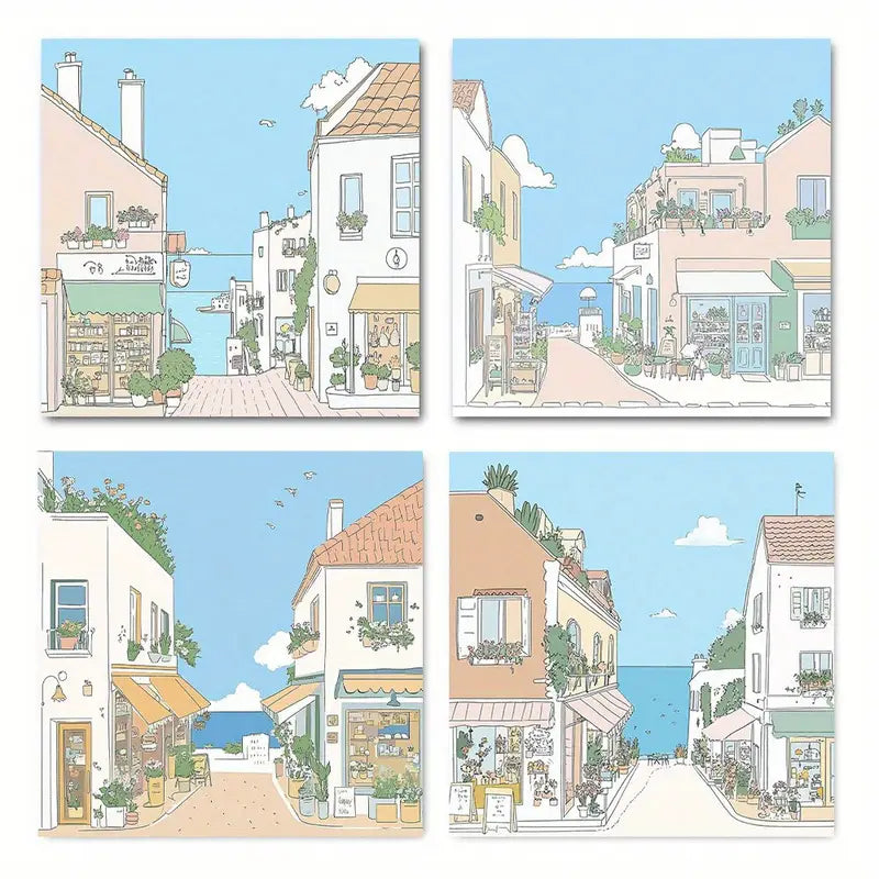 4pcs Blue and brown cute anim  BDC   Wall Art Canvas Framed