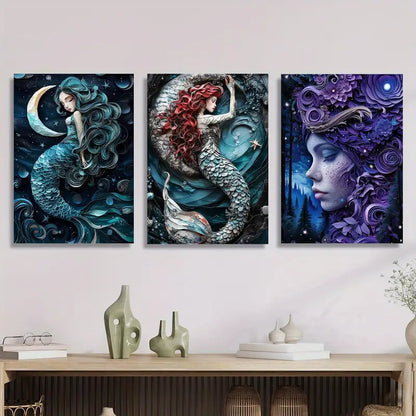 3pcs Enchanting Mermaid & Forest Goddess Metal Print Ready to Hang Art