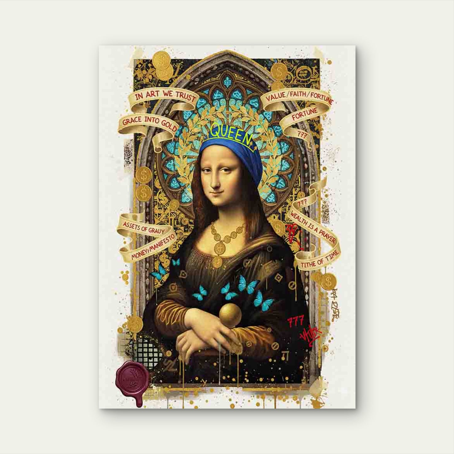 Graffiti Crowned Woman Smiling Serenely 40x60cm Metal Print Ready to Hang - Bella Home Decor