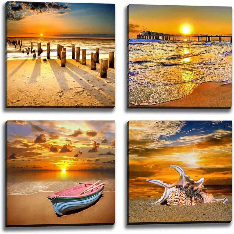 4pcs Holiday Art Ocean Sunset  Art Canvas Framed - Bella Home Decor
