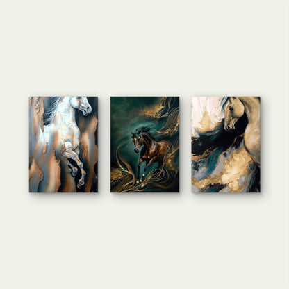 3pcs Abstract Running Horses Painting Teal Gold Wall Art Set Canvas Framed 40x60cm - High Quality Print 100% Australian Made Wall Canvas Ready to Hang