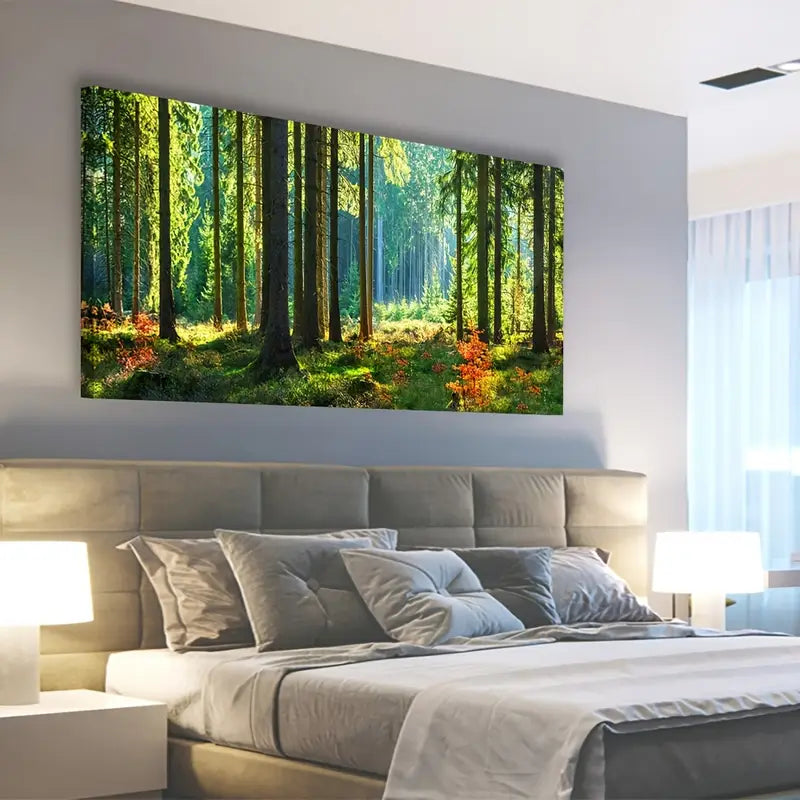 Green Forest Sunny Trees Flowers Grassland Wall Art canvas office home room framed 120x60cm - Bella Home Decor