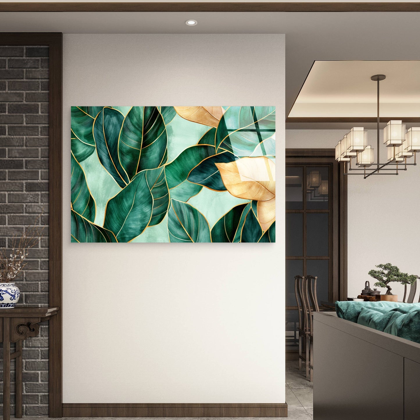 Tropical Green Gold Banana Leaf Acrylic Glass Printing Wall Art Australian Made Quality