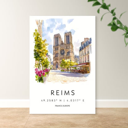 REIMS French Gothic Architecture Painting Travel Poster Print Wall Art