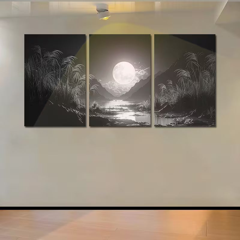 3pcs Moonlit Mountain and River Landscape Wall Art Set Canvas Framed 50x70cm - High Quality Print 100% Australian Made Wall Canvas Ready to Hang