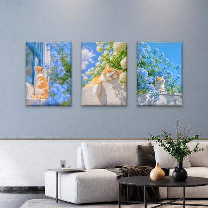 3pcs Cute Ginger Cat Sleeping Blue Flowers   Wall Art Set Canvas Framed 50x70cm - High Quality Print 100% Australian Made Wall Canvas Ready to Hang