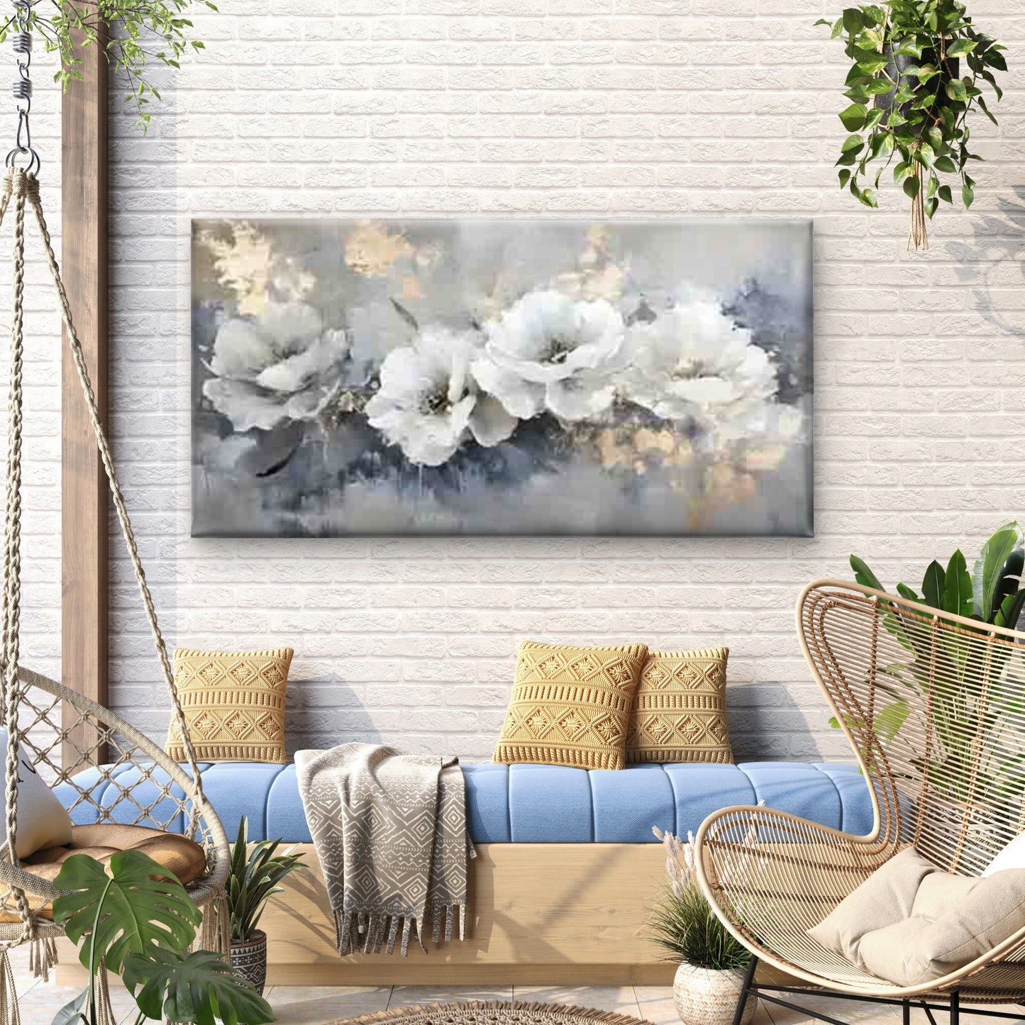 White Flowers on a Gray Backdro Wall Art Canvas Office Home Room Framed 120x60cm