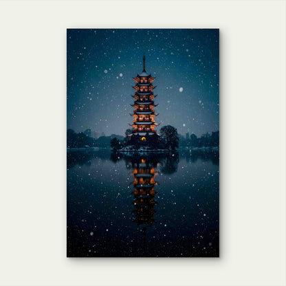 Japanese Pagoda Winter Wonderland 60x90cm Metal Print Ready to Hang