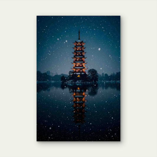 Japanese Pagoda Winter Wonderland 40x60cm Metal Print Ready to Hang
