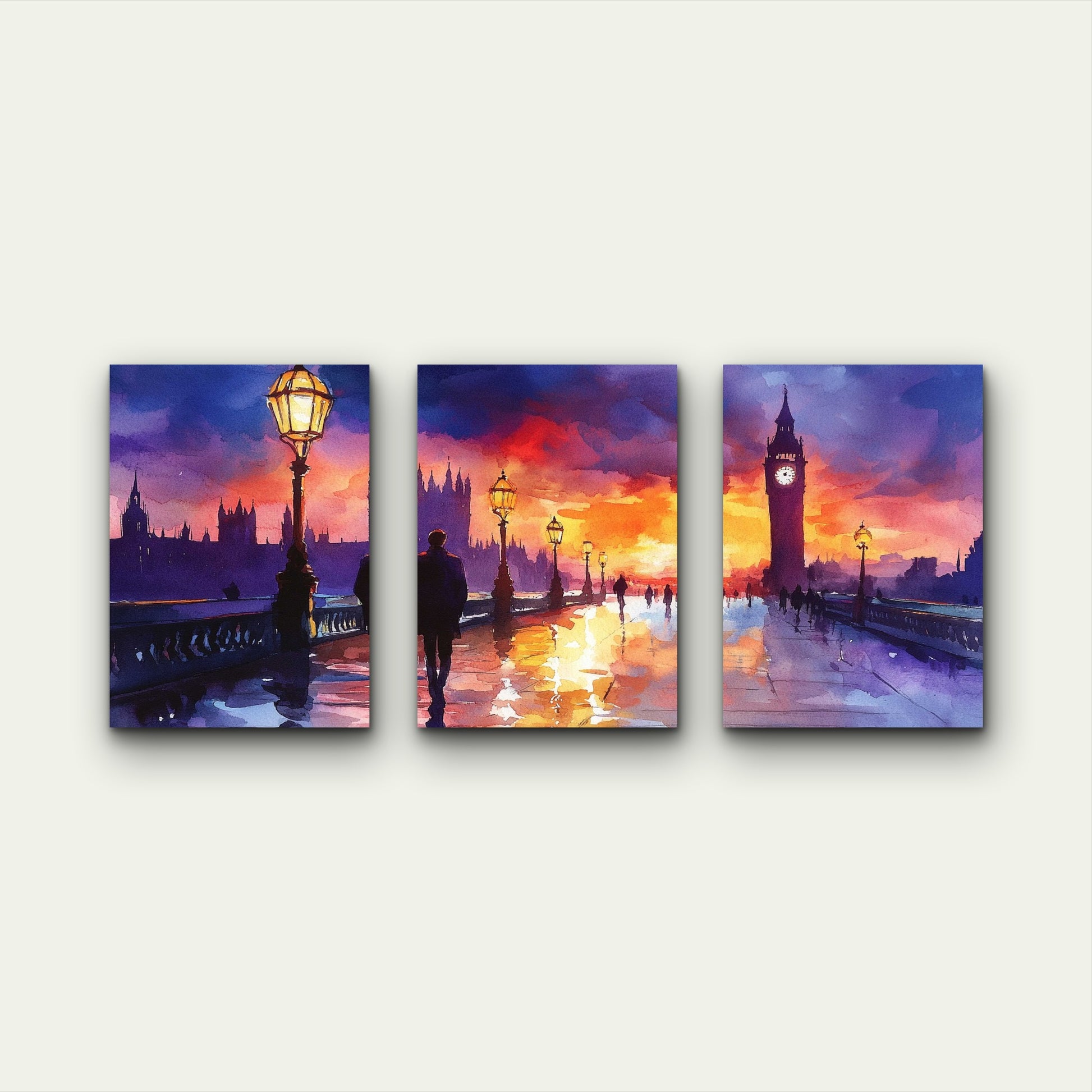 3pcs Glowing Street Lamps On Rainy London Wall Art Set Canvas Framed 40x60cm - High Quality Print 100% Australian Made Wall Canvas Ready to Hang - Bella Home Decor