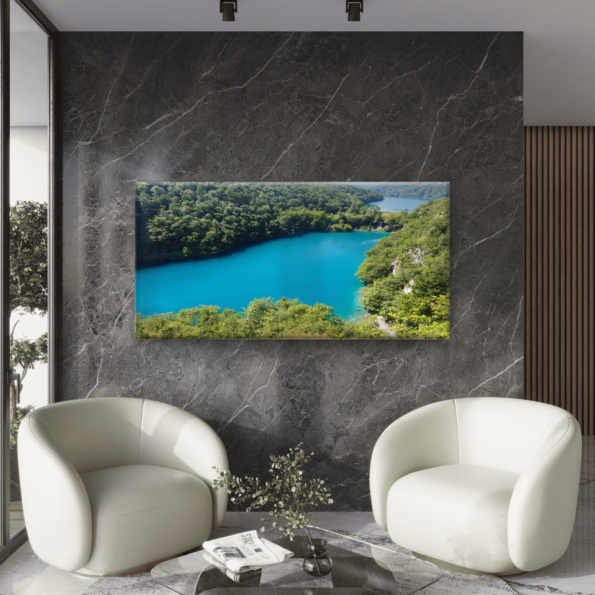 Azure Lakes With Waterfalls Wall Art Canvas Office Home Room Framed 120x60cm - Bella Home Decor