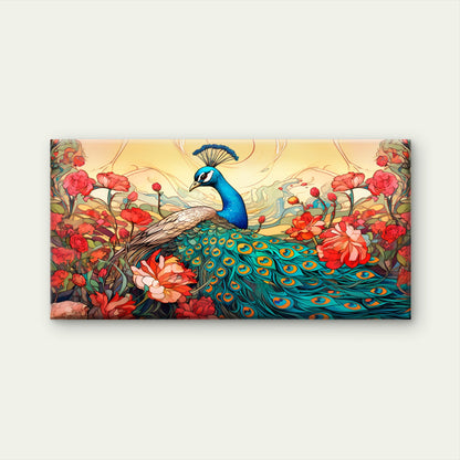 Peacock India Bird Red Flowers Wall Art Canvas Office Home Room Framed 120x60cm