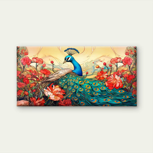 Peacock India Bird Red Flowers Wall Art Canvas Office Home Room Framed 120x60cm