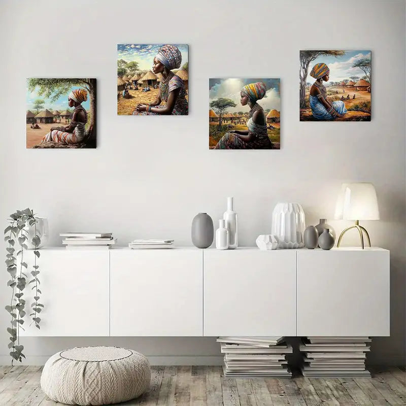 4pcs African Women In Traditional Dress, Wall Art Canvas Framed