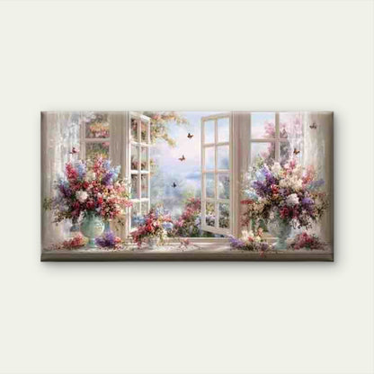 Flowers on a Windowsill Wall Art Canvas Office Home Room Framed 120x60cm