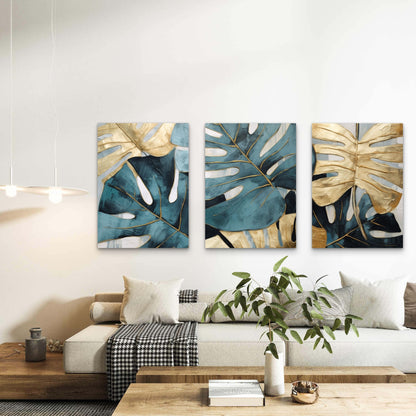 3pcs Tropical Monstera Teal Gold Leaf Metal Print Ready to Hang Art