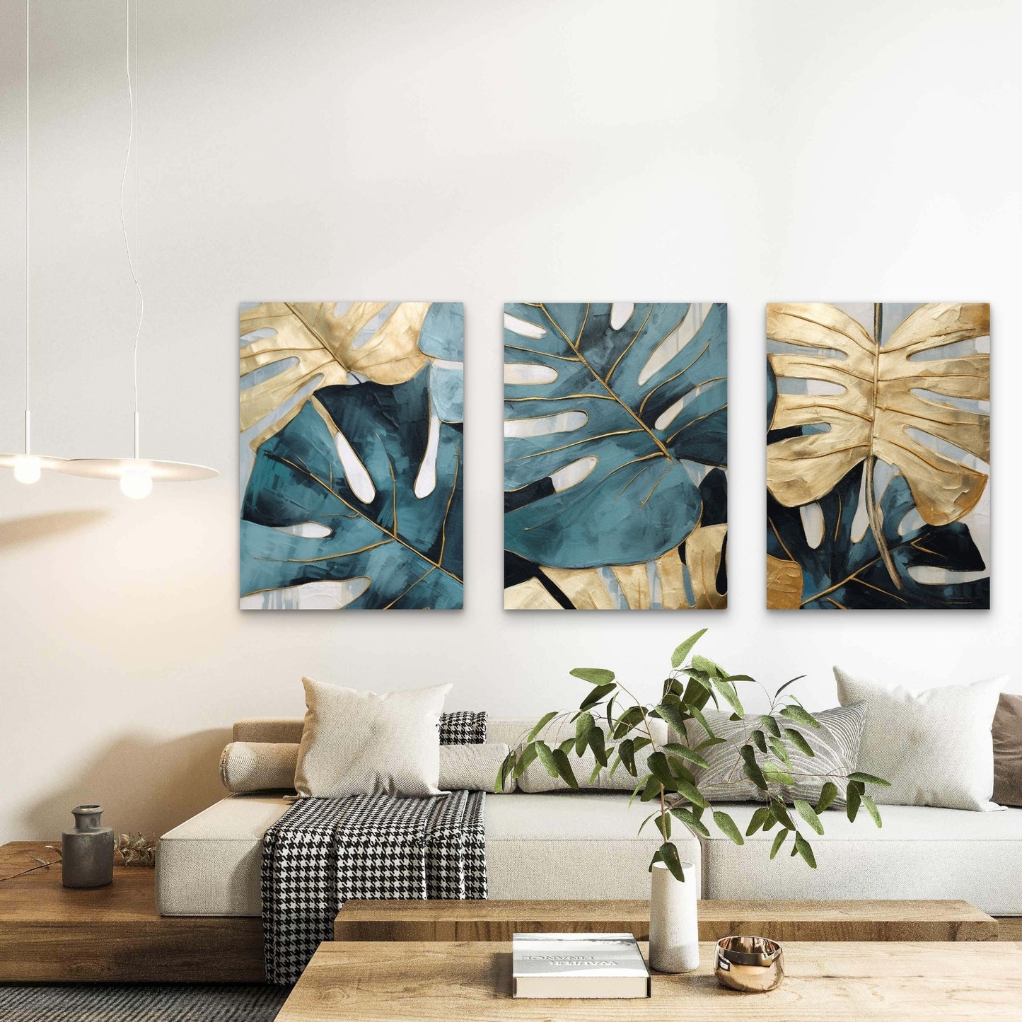 3pcs Tropical Monstera Teal Gold Leaf    Wall Art Set Canvas Framed 60x90cm - High Quality Print 100% Australian Made Wall Canvas Ready to Hang