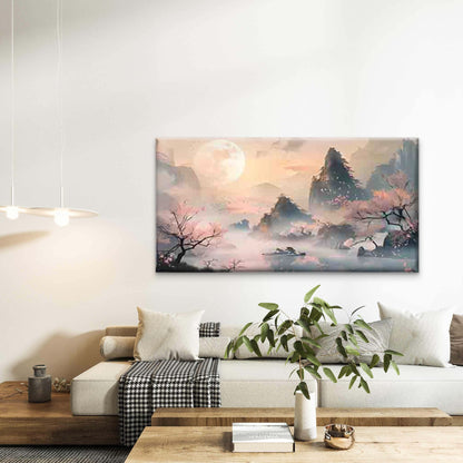 Misty Mountain & Pink Blossoms Wall Art Canvas Office Home Room Framed 120x60cm - Bella Home Decor