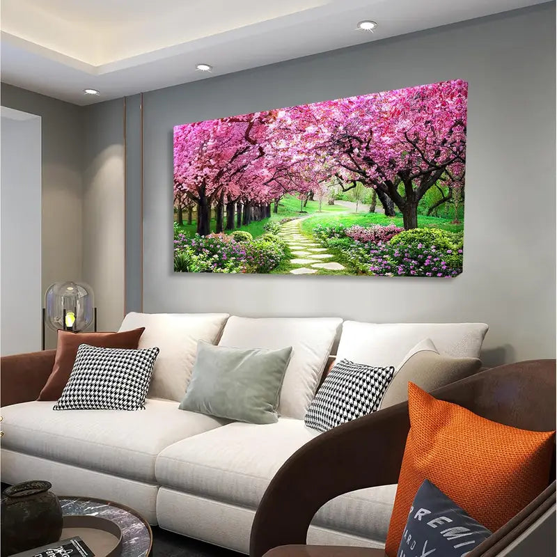 Pink Cherry Blossoms Tree Forest Wall Art canvas office home room framed 120x60cm - Bella Home Decor