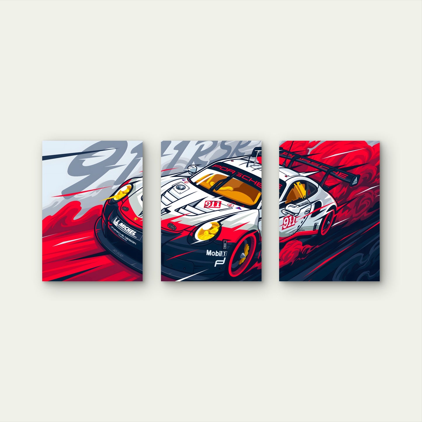 3pcs Dynamic Red White Racing Car Metal Print Ready to Hang Art - Bella Home Decor