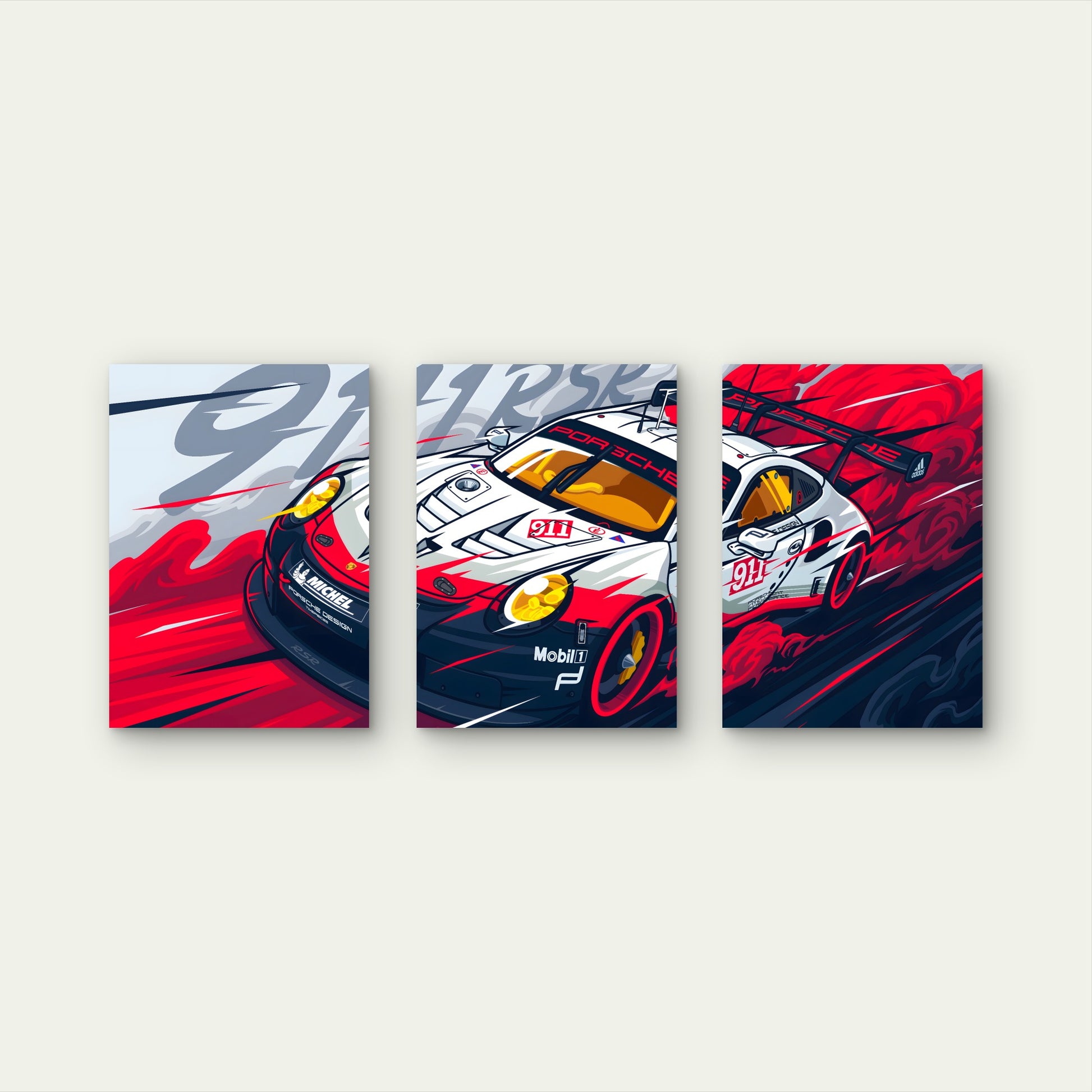 3pcs Dynamic Red White Racing Car Metal Print Ready to Hang Art - Bella Home Decor