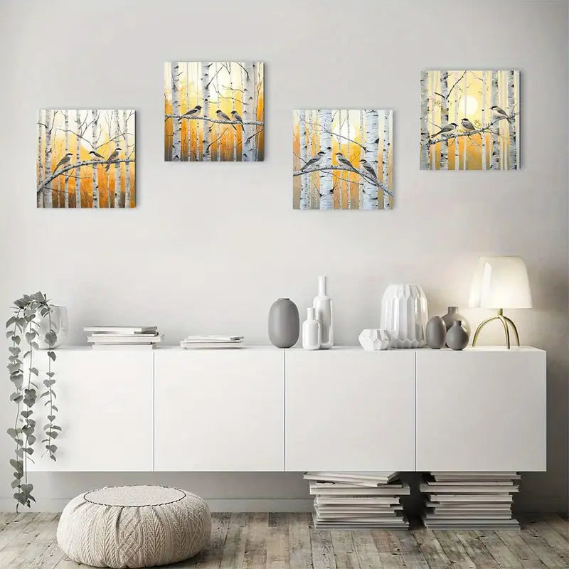 4pcs  Chickadee Birds & Birch Tree  GH    Wall Art Canvas Framed
