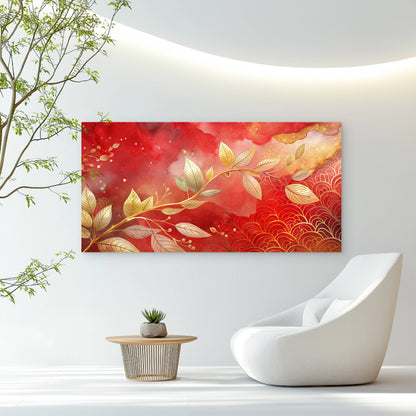 Golden Leaves Red Sky Wall Art Canvas Office Home Room Framed 120x60cm