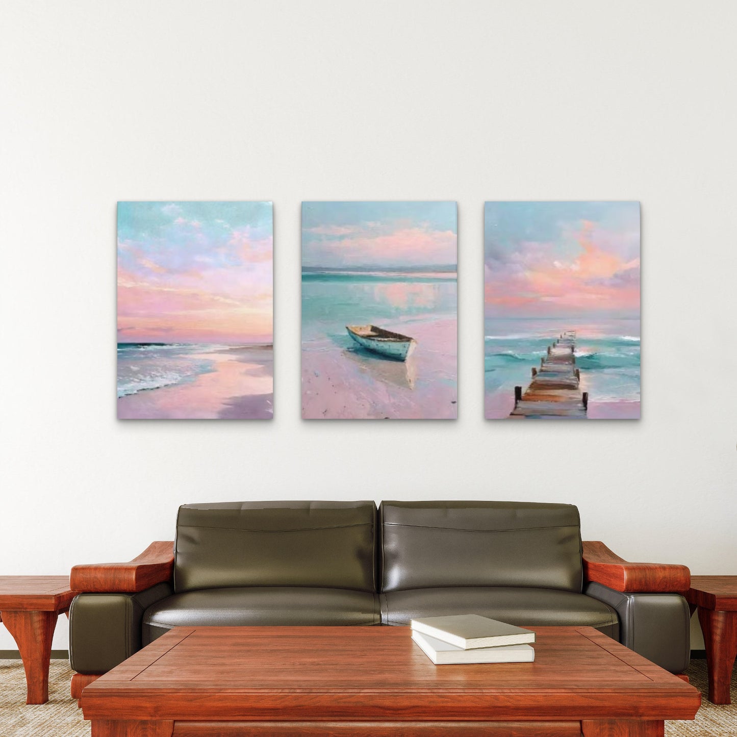 3pcs Pink Coastal Ocean Jetty Boat Wall Art Set Canvas Framed 40x60cm - High Quality Print 100% Australian Made Wall Canvas Ready to Hang - Bella Home Decor