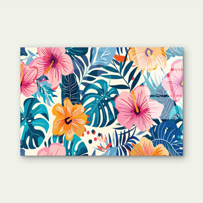 Tropical Hibiscus Monstera Palm Leaf   Acrylic Glass Printing Wall Art Australian Made Quality