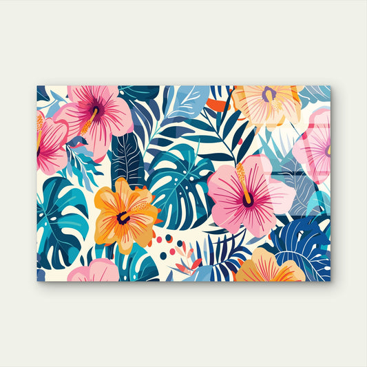 Tropical Hibiscus Monstera Palm Leaf Acrylic Glass Printing Wall Art Australian Made Quality
