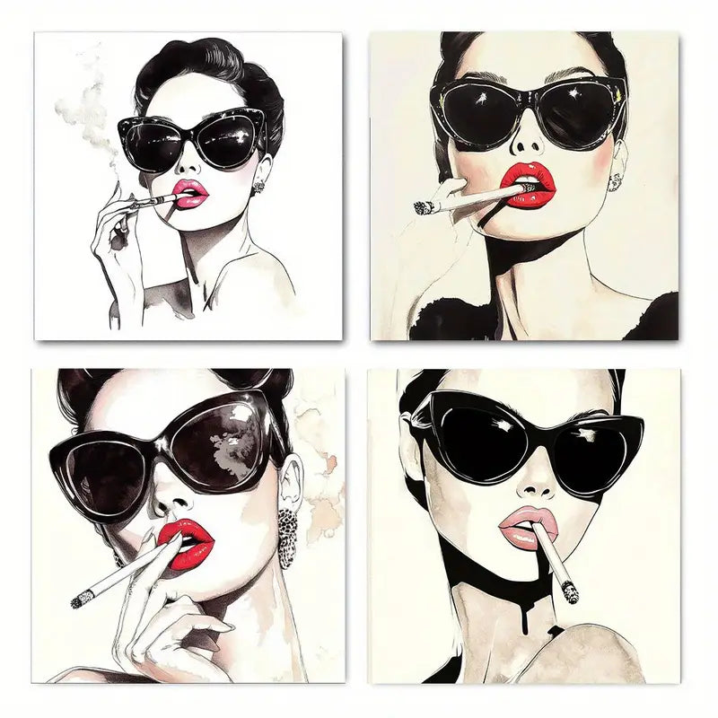 4pcs Beautiful Woman In Fashion Glasses  Wall Art Canvas Framed