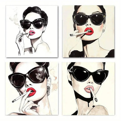4pcs Beautiful Woman In Fashion Glasses  Wall Art Canvas Framed