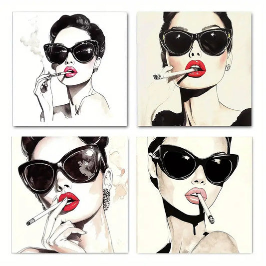 4pcs Beautiful Woman In Fashion Glasses  Wall Art Canvas Framed