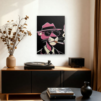 Cool Pink Panther in Suit Hat Smoking Metal Print Ready to Hang - Bella Home Decor