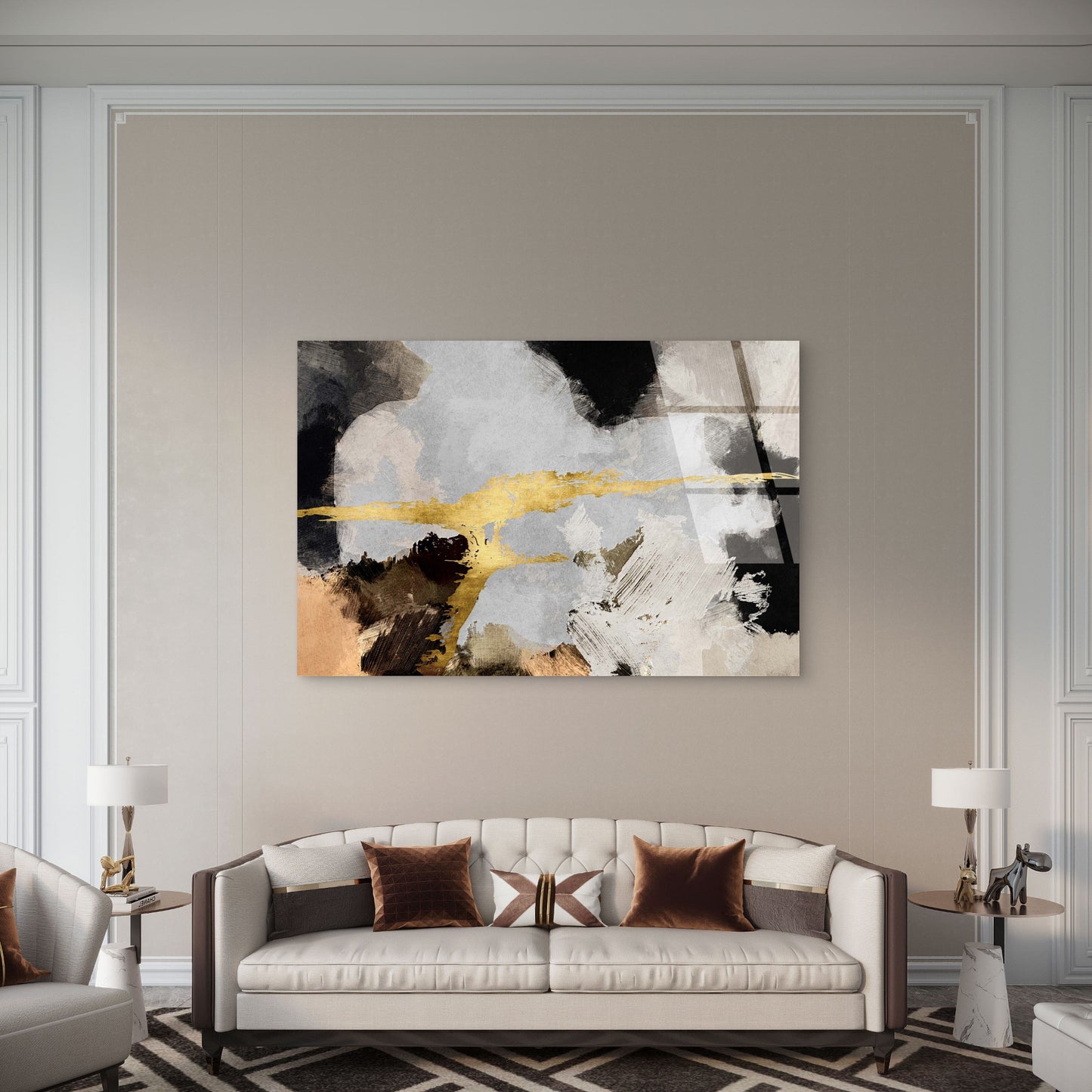 Black Grey Canvas Brushstroke Gold Foil Acrylic Glass Printing Wall Art Australian Made Quality