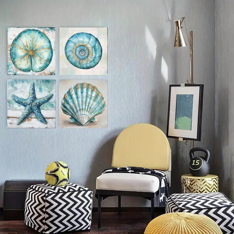 4pcs  Rustic Beach Shell & Starfish Wall Art Canvas Framed