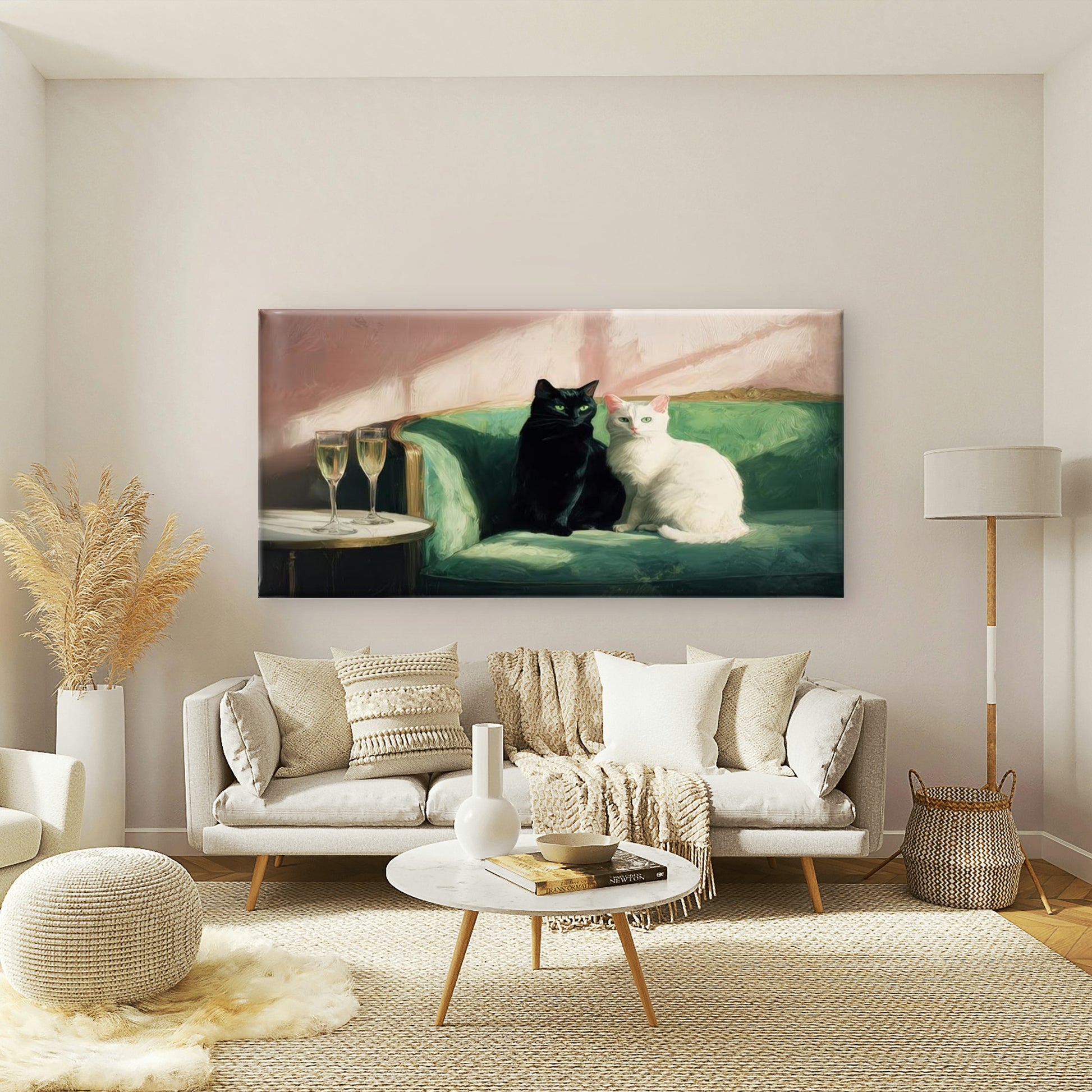 Black & White Cats Wall Art Canvas Office Home Room Framed 120x60cm - Bella Home Decor