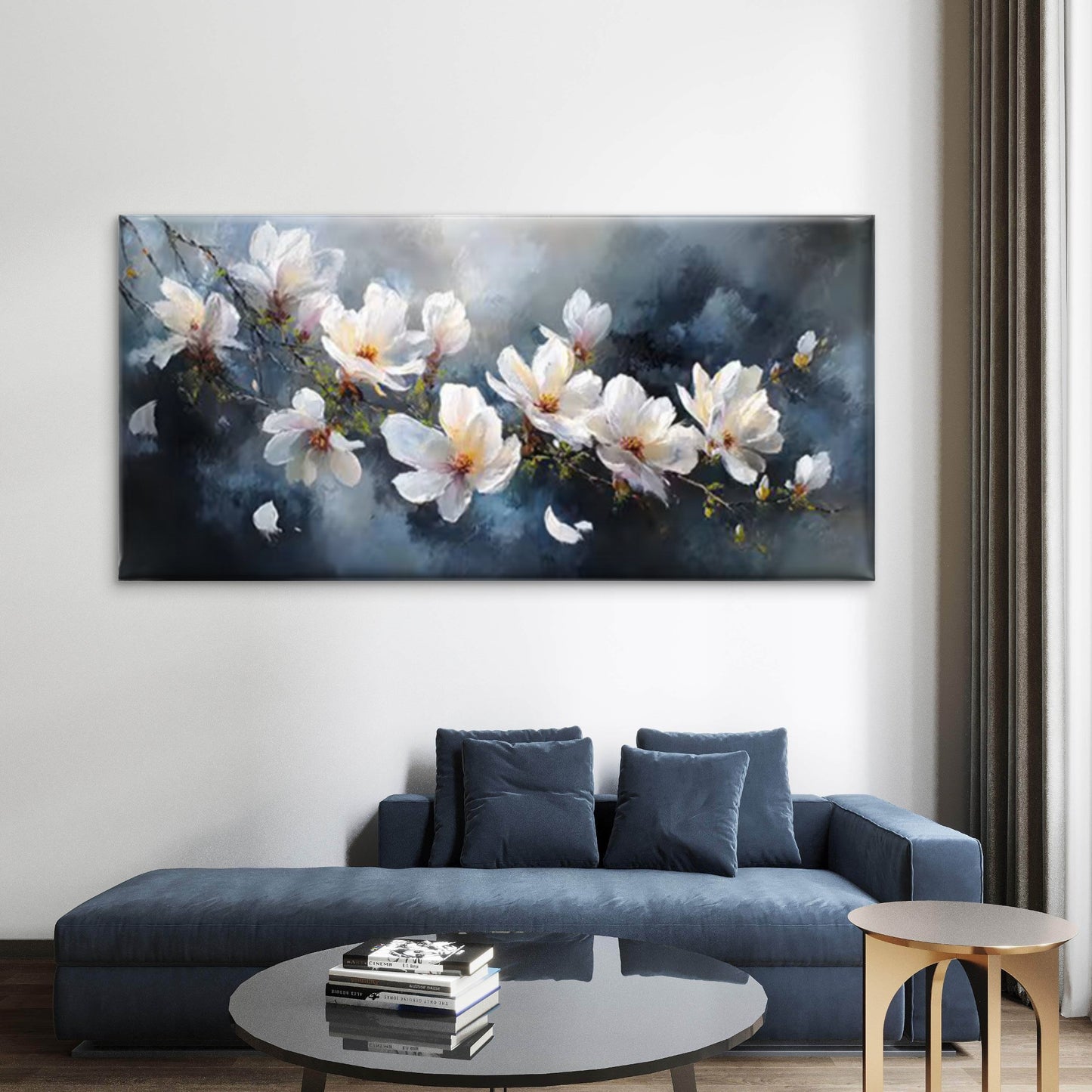 White Blossoms Wall Art - Soft Tones Floral Wall Art Canvas Office Home Room Framed 120x60cm