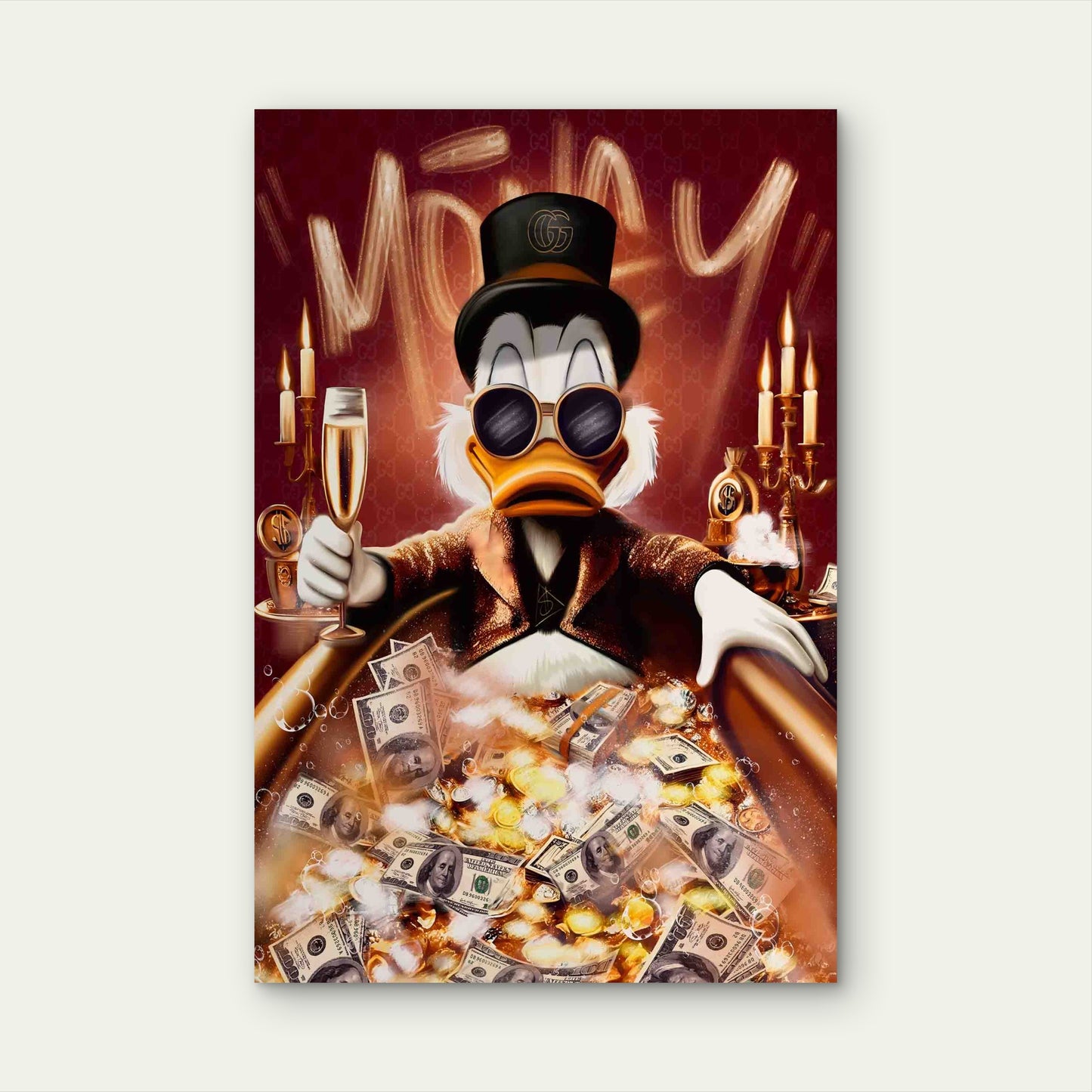 Duck Top Hat Money Bath Champagne 40x60cm Metal Print Ready to Hang