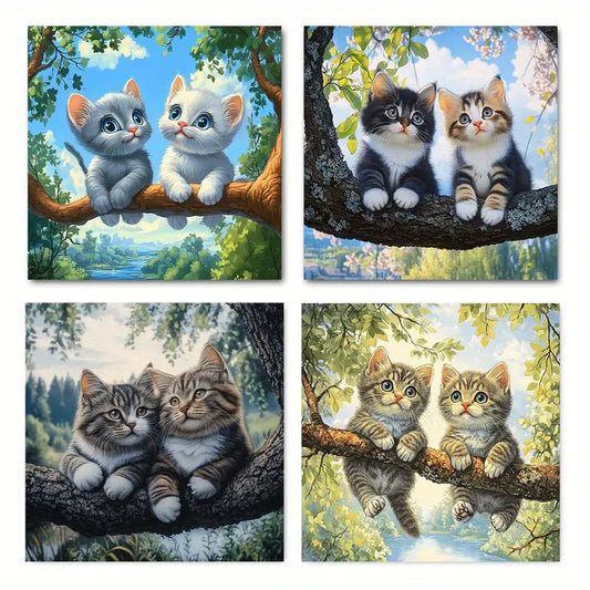 4pcs Cats On Tree Themed Wall Art Canvas Framed