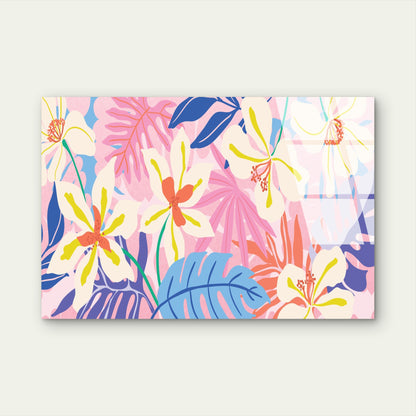 Bright Tropical Hibiscus Palm Leaf Acrylic Glass Printing Wall Art Australian Made Quality