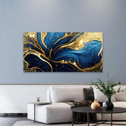 Blue Gold Marble Swirls Wall Art Canvas Office Home Room Framed 120x60cm