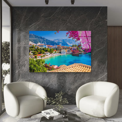 Greek Coastal Village Tempered Glass Printing Wall Art Australian Made Quality