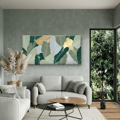 Green Gold Taro Monstera Leaf Print Wall Art Canvas Office Home Framed 120x60cm
