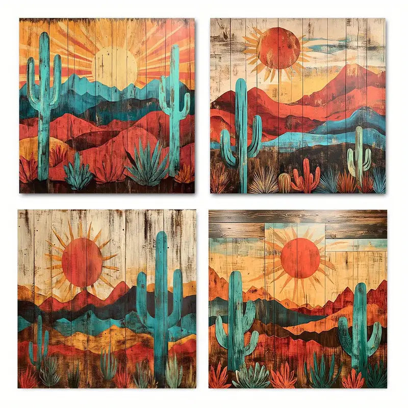 4pcs Sunset with Cacti & Mountain    Wall Art Canvas Framed