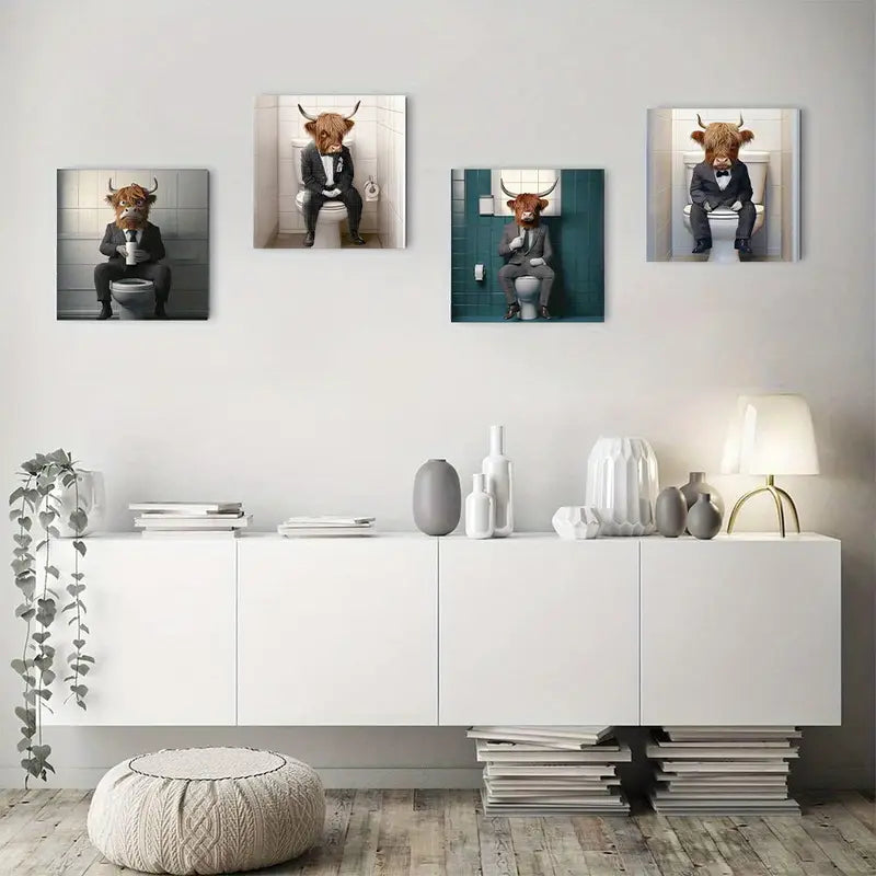 4pcs Highland Cow Drinking Coffee In Toilet Wall Art Canvas Framed