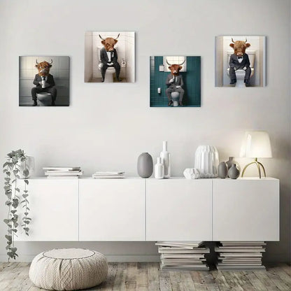 4pcs Highland Cow Drinking Coffee In Toilet Wall Art Canvas Framed