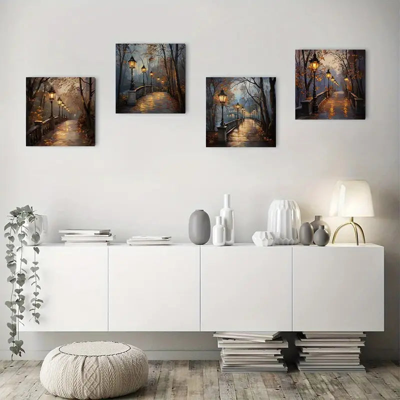 4pcs Dusk Street Lamp Scenes Wall Art Canvas Framed